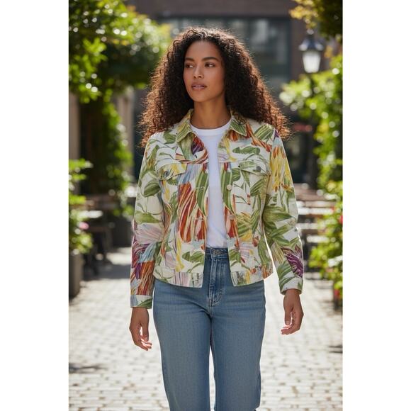 Chicos Floral Tropical Hawaiian Print Linen Blend Button Up Jacket Size 1 - Picture 9 of 11